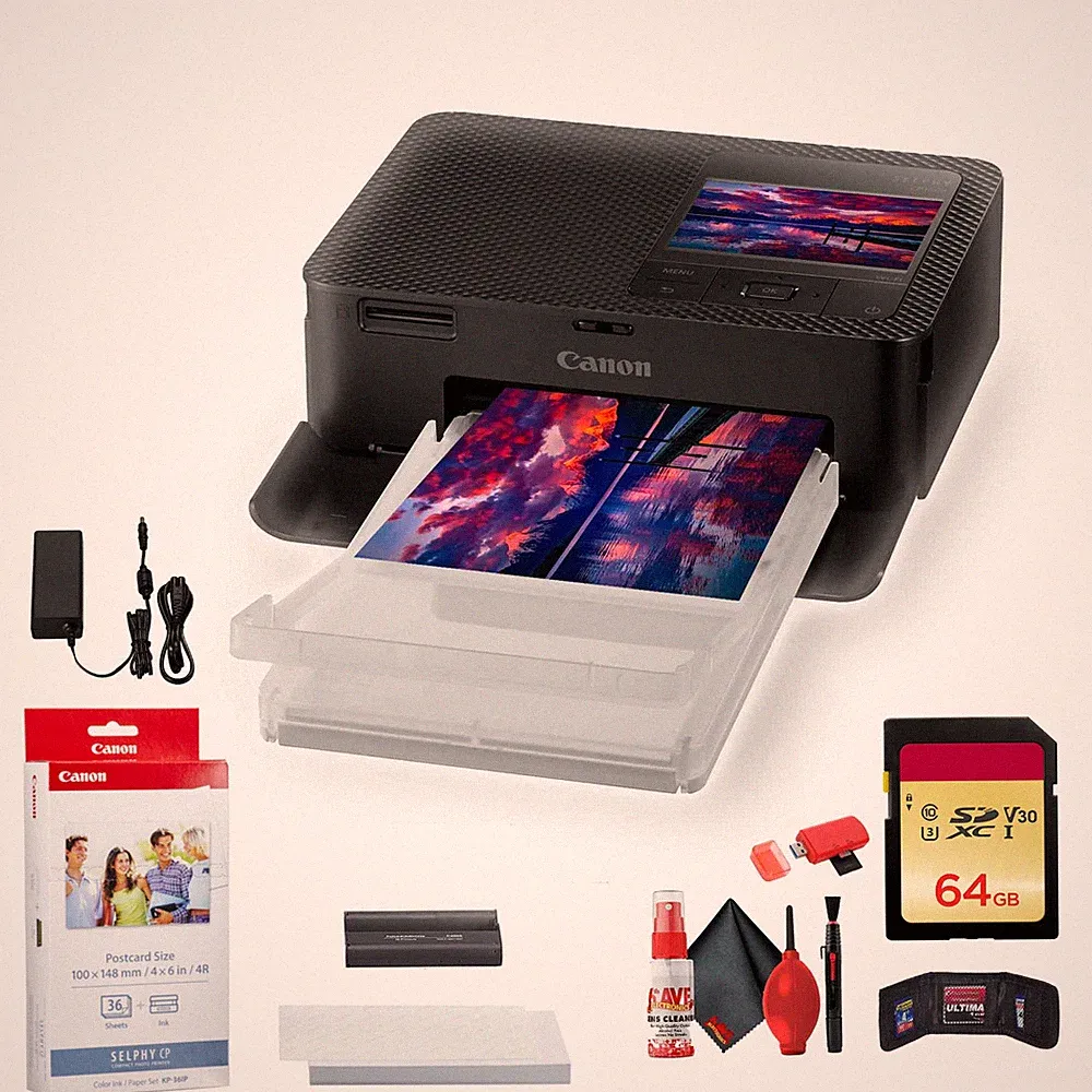 Canon SELPHY Black CP1500 Photo Printer + Canon KP-36IP Color Ink, Paper + More